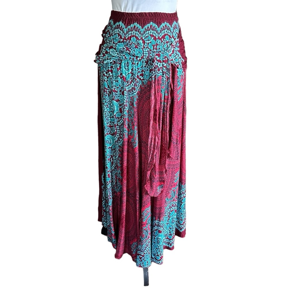 Happy Trunks Bohemian Maxi Skirt Honeycomb Tie Elastic Waist Teal Burgundy Motif